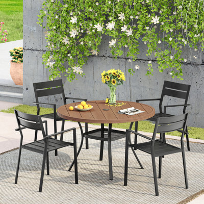 Patio dining set with Round Metal Dining Table and 4 Metal Armrest Dining Chairs