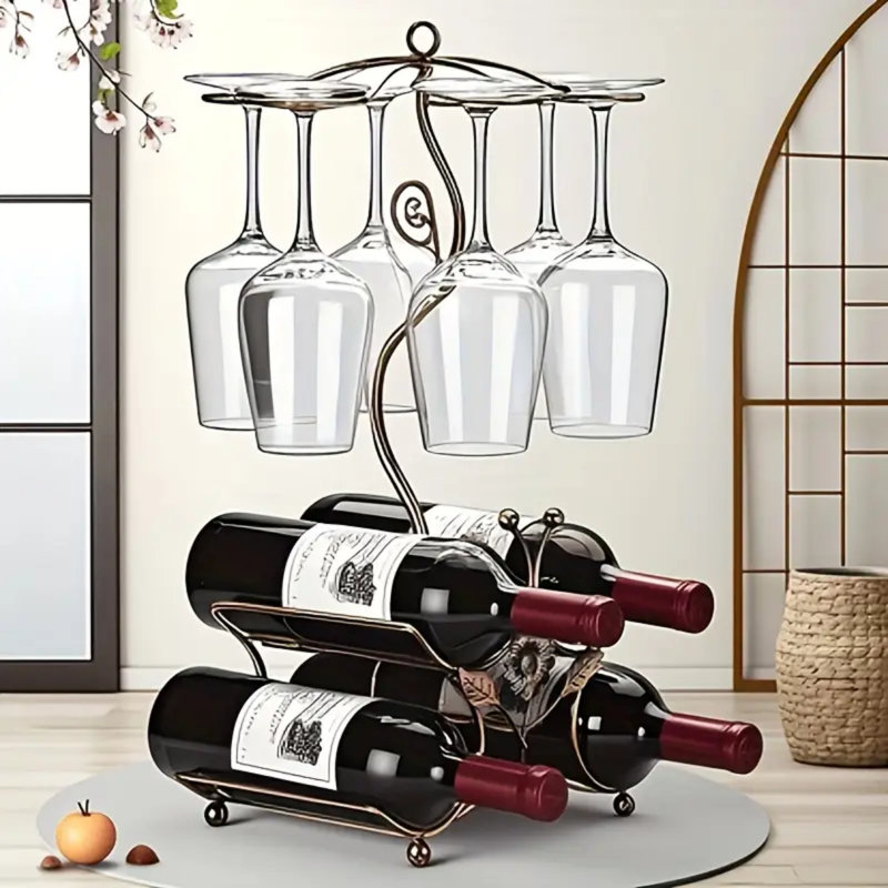 Support à vin et porte-verres à vin - peut contenir 4 bouteilles de vin et 6 verres - parfait pour la décoration de la cuisine et le support de rangement de la cuisine, l'organisation de la cuisine, le rangement élégant