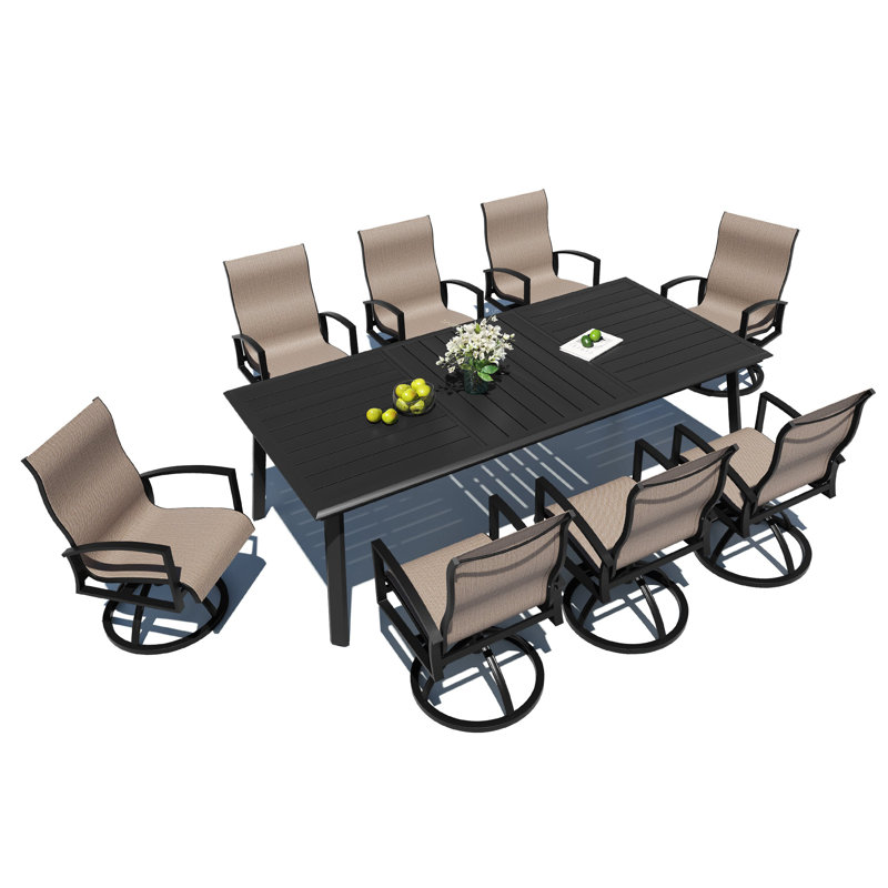 8 - Person Aluminum Patio  Dining Set with Sunbrella Swivel Rocking Dining Armchairs, Augustine Ashes