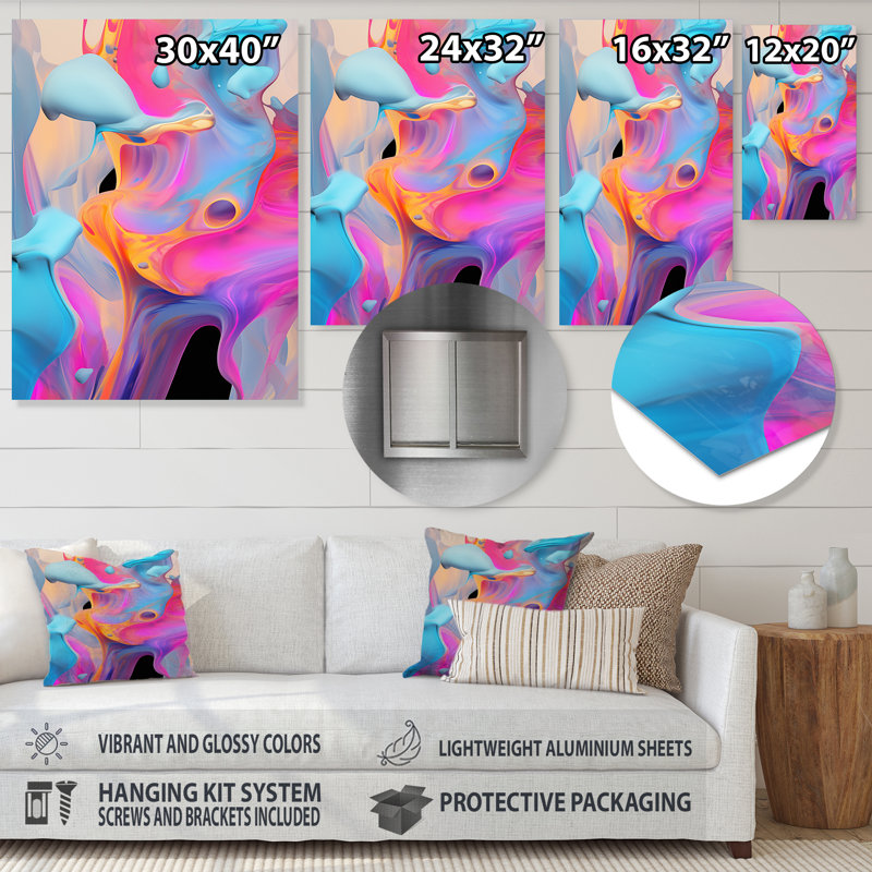 Peinture rose et bleue Fusion V - art mural abstrait en métal, H 40 po x l 30 po x P 1,5 po