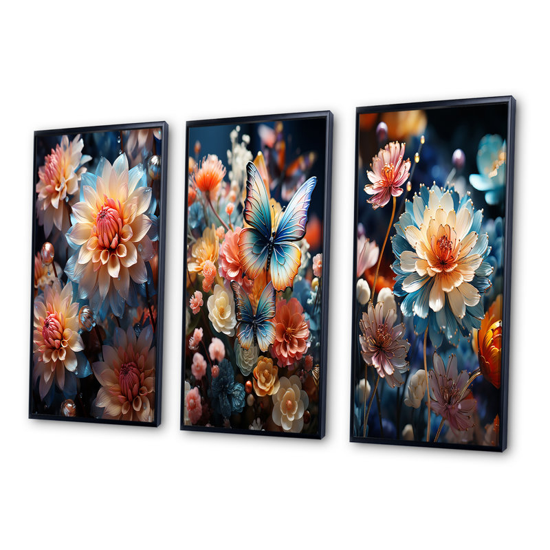 «Meadow Chrysanthemum Charm», 3 pièces sur toile, Cadre flottant noir, H 20 po x l 36 po