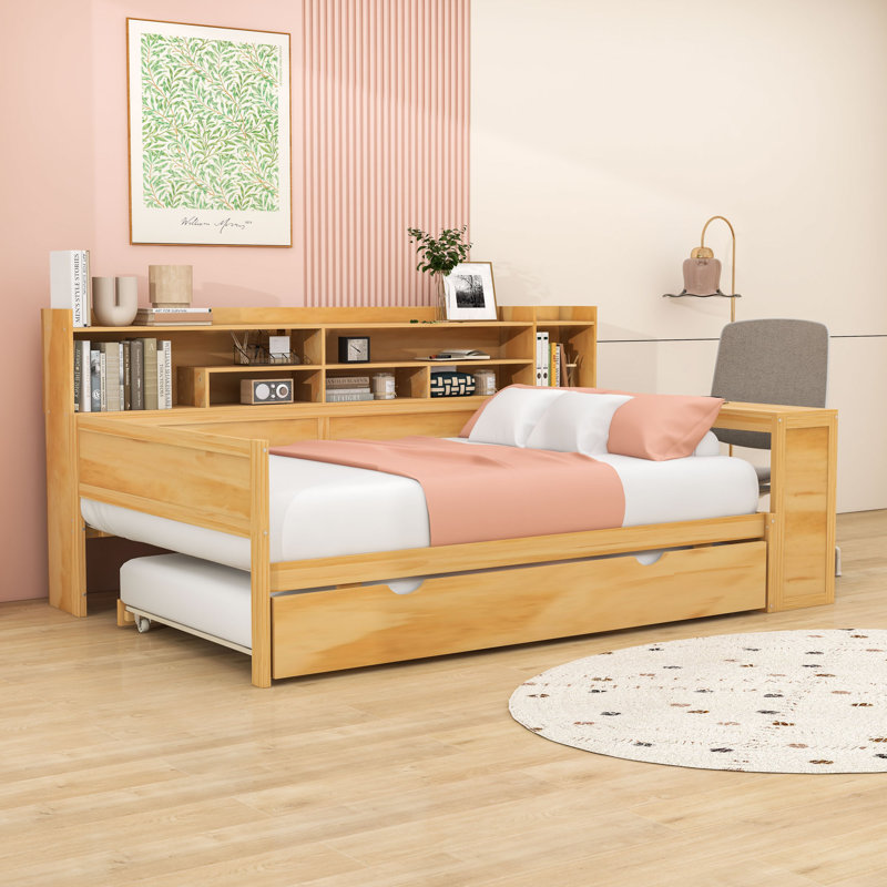 Lit de jour avec lit gigogne simple, tablettes, bureau et lattes, Naturel, Double