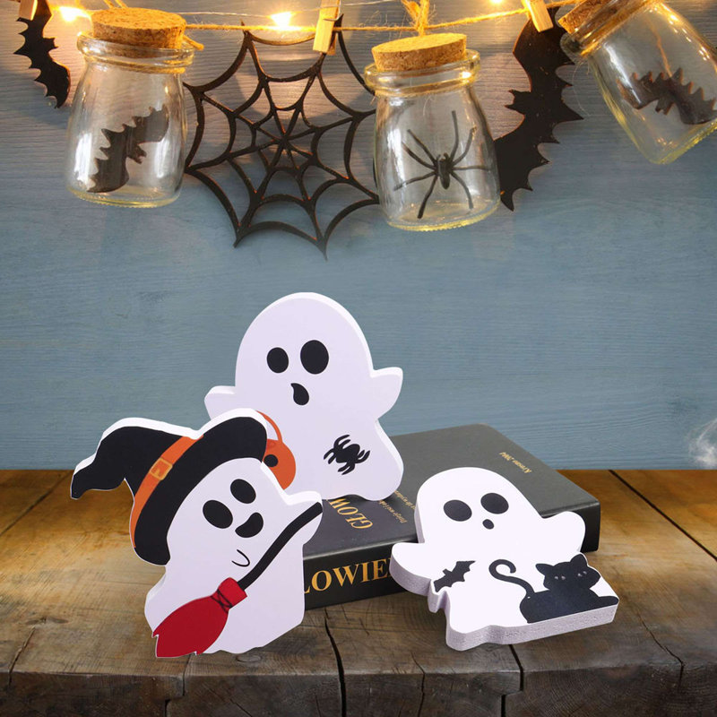 3 pièces décorations d'Halloween fantôme mignonnes pour l'intérieur, décorations effrayantes, enseigne de table décorative de plateau