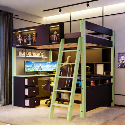 3 Drawers Modern Loft Bed With Lighted Desk And Storage Bookcase, Full Size by Latitude Run