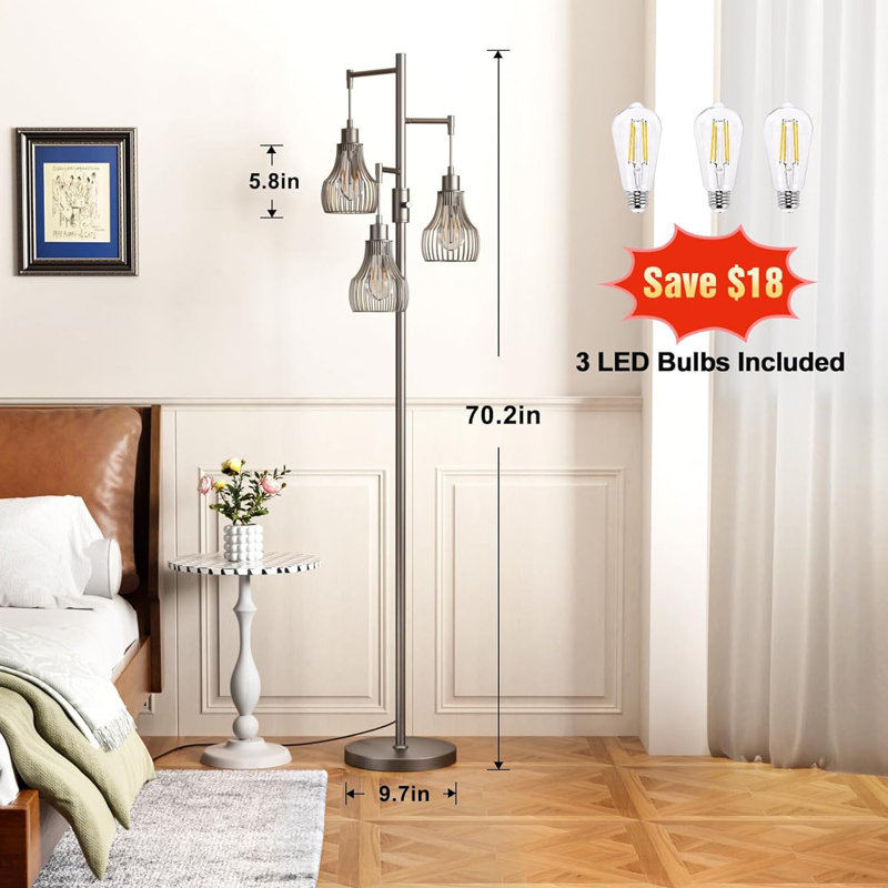 Lampes sur pied à intensité variable, grandes lampes sur pied avec 3 abat-jour cage élégants et ampoules à DEL de 800 lumens