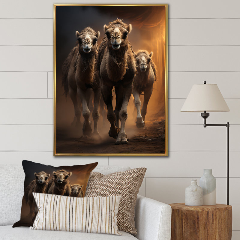 Keerthana Camels Desert Symphony - impression, H 20 po x l 12 po x P 1 po, Cadre flottant doré