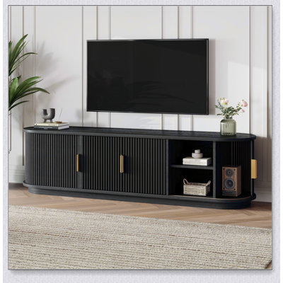 Farmhouse Wooden TV Stand with Sliding Tambour Door for TVs up to 75 Inches, Fluted Media Console with Adjustable Storage and Cable Holes