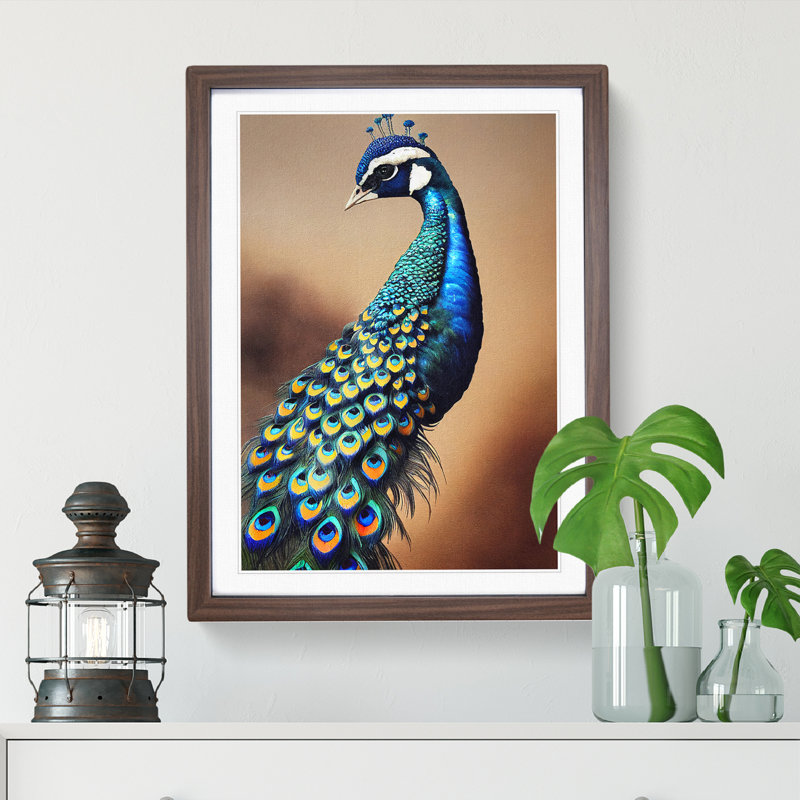 View Of A Peacock No.1 - Wall Art, 66cm H x 48cm W, Walnut Framed, White