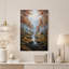 Tableau sur toile représentant un ruisseau dans une forêt de bouleaux en automne avec un pont de pierre-824427529