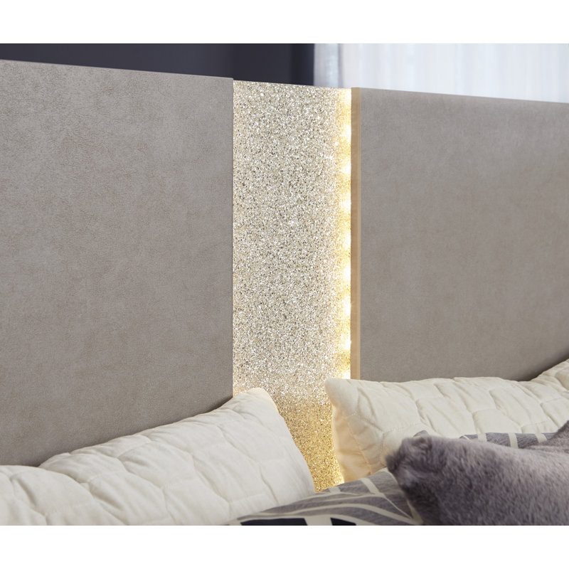 Gray Leather and Wood Queen Panel Bed with LED Lighting