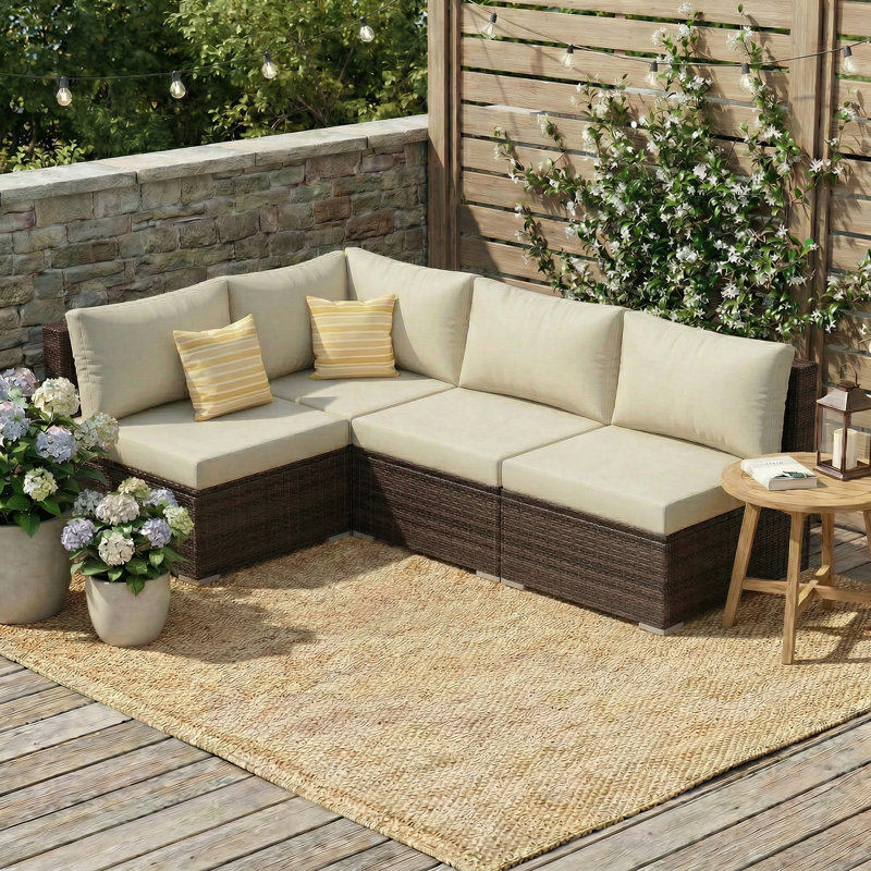 4-Person Patio Conversation Sofa Set With Cushion, Beige Cushion/Brown Frame