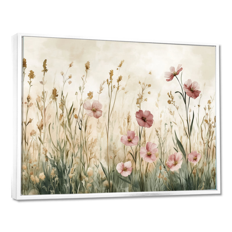 Art sur toile Blush Poppy Field Whisper I - champ rose, H 16 po x l 32 po, Cadre flottant blanc