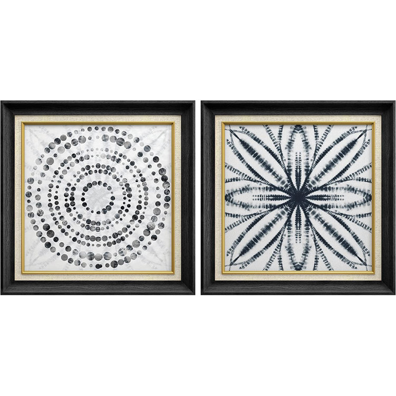 Motif géométrique abstrait aquarelle bleu - ensemble de 2 peintures sur toile encadrées, Noir