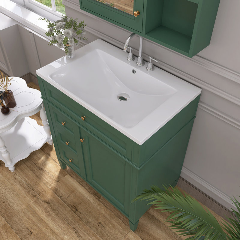 Meuble-lavabo simple 30 po avec plateau en résine et armoire à pharmacie Shaneca, Vert