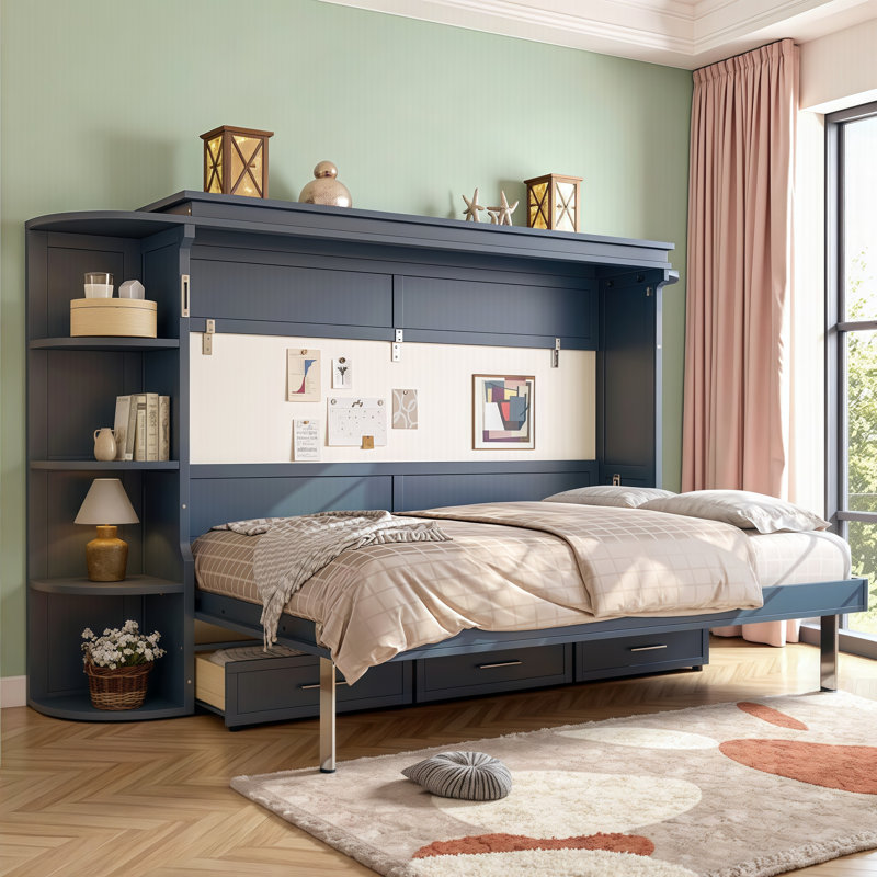 Lit plateforme escamotable de conception moderne avec rangement, armoires latérales et tiroirs, fabrication durable, Blue