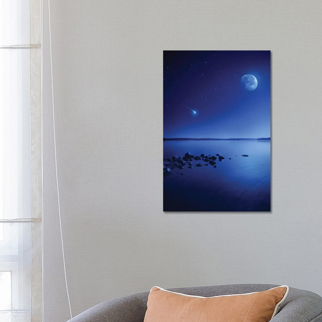 Tranquil Lake Against Starry Sky, Moon And Falling Meteorite, Finland II by Evgeny Kuklev - Wrapped Canvas Print