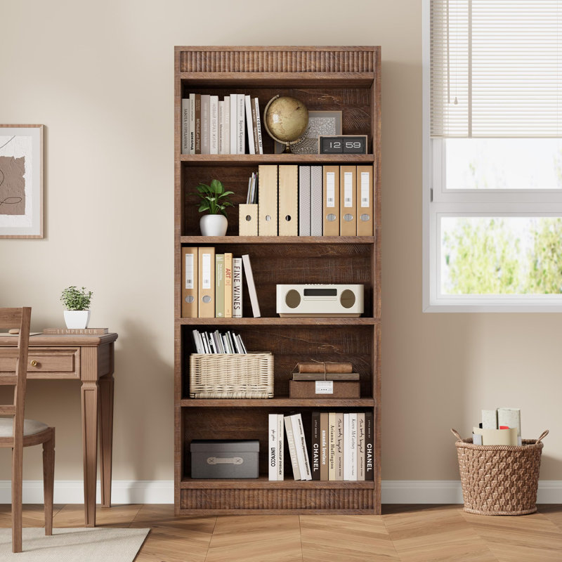 71" Farmhouse Bookcase with Double Fluted Design, 5-Tier Wooden Bookshelf for Living Room or Office, Brown
