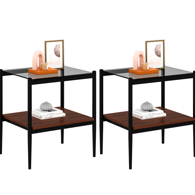 2 tables de bout rectangulaires en verre gris, créant un salon de table moderne en duo avec support trempé et solide