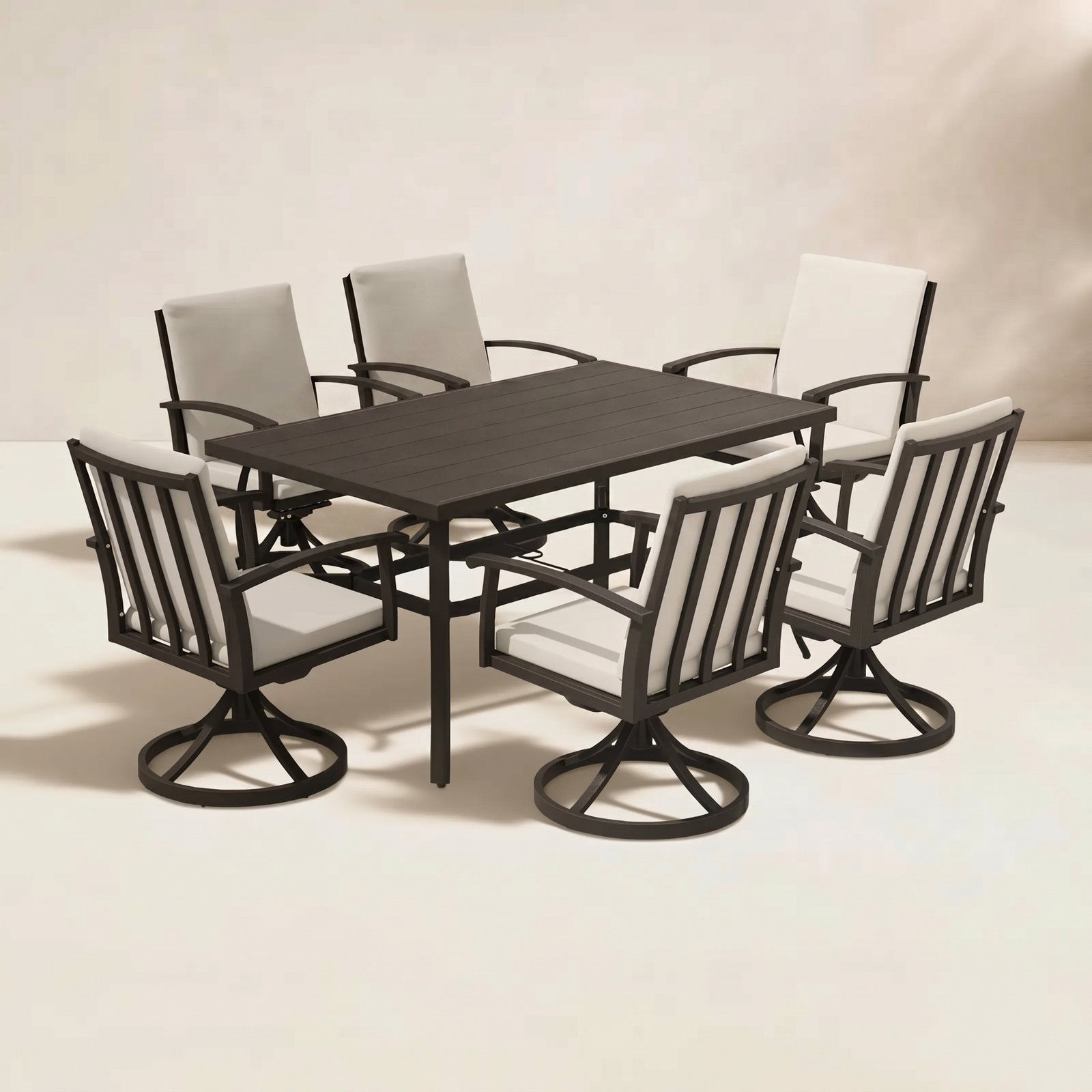 Whittlesey Rectangular Aluminum Dining Set with Cushions, 6, Dark Brown