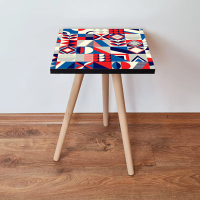 Modern Side Table with Beech Wood Legs, 13.8 x 16.5 x 13.8 inches | 100% MDF, 0.7 inches Thick, Red, Navy Blue & Cream Colors | Stylish Geometric Design, Perfect for Living Room & Bedroom Décor