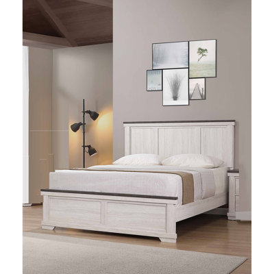 Rustic Style Queen Size Bed In Antique White & Brown, Bedroom Furniture With Clean Headboard And Included Slats Legs Panel Brown Top