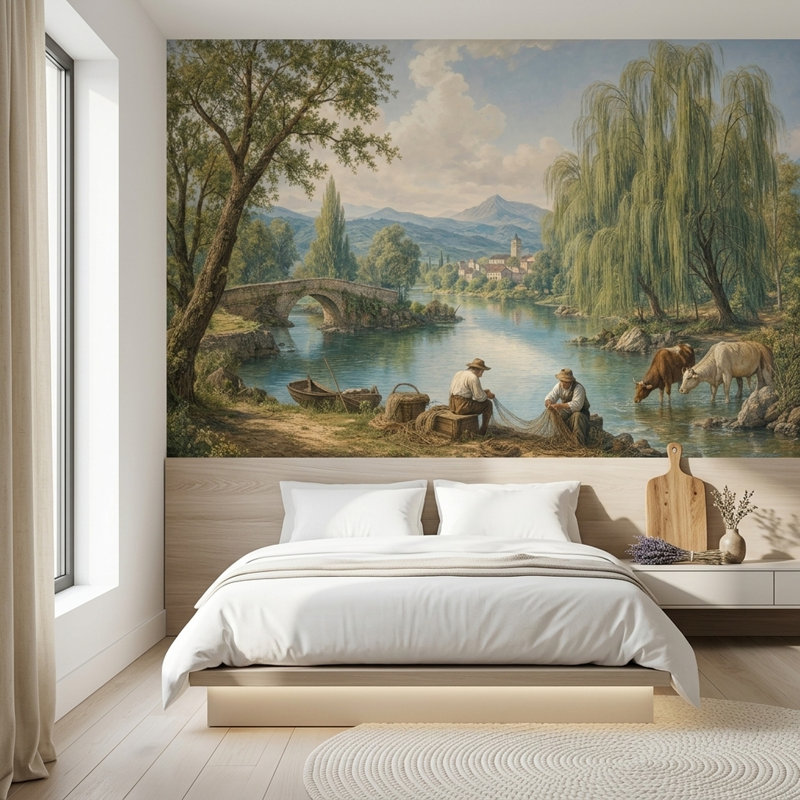 Papier peint paysage pastoral, scène de rivière, pont de pierre, fresque murale, 180"x120", Peel and Stick