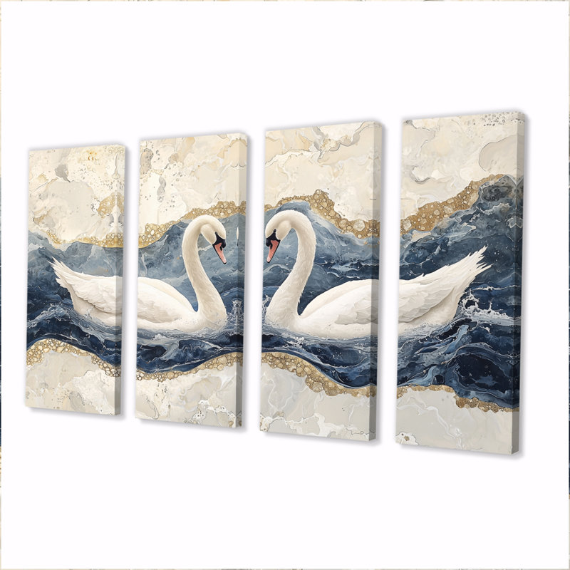 Marbre dansant du cygne IV - décoration murale animal cygnes - art mural moderne 4 pièces, H 28 po x l 48 po