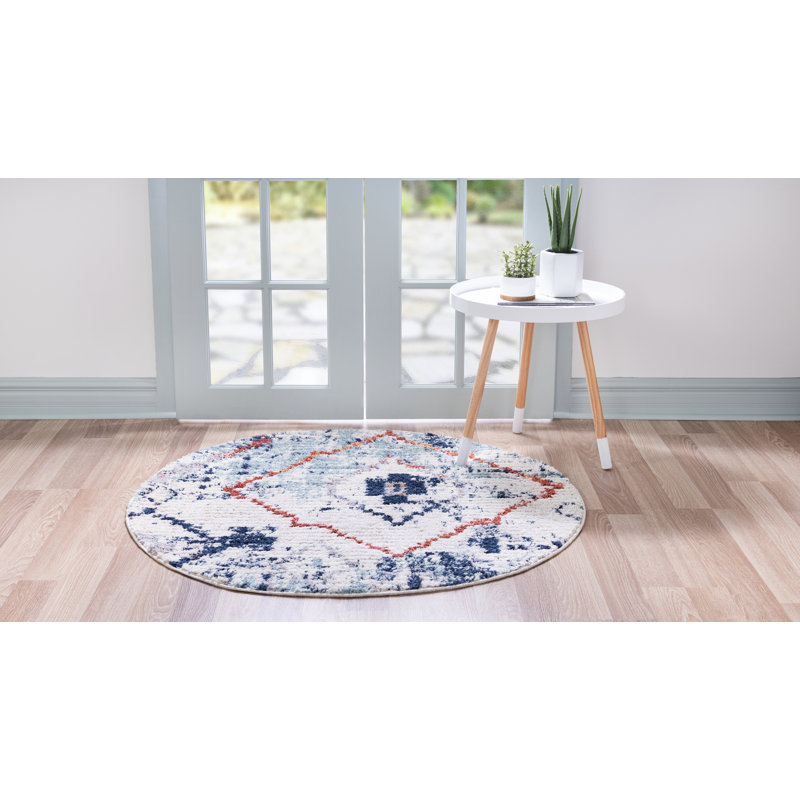 Tapis ivoire / bleu Southwestern, Rond 4 pi 1 po