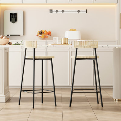 Ensemble de 2 tabourets de bar : corde de papier tressée à la main. Pour la cuisine. Structure en métal noir, siège blanc crème. Polyvalents et faciles à installer. Tabourets en corde (lot de 2). Style café. Pied confortable.