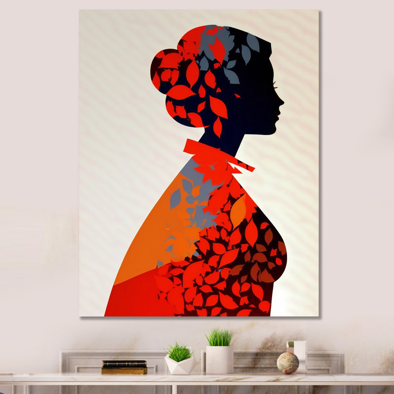 Silhouette rouge de Ludella avec des feuilles d'automne sur toile, H 32 po x l 24 po x P 1 po, Toile tendue