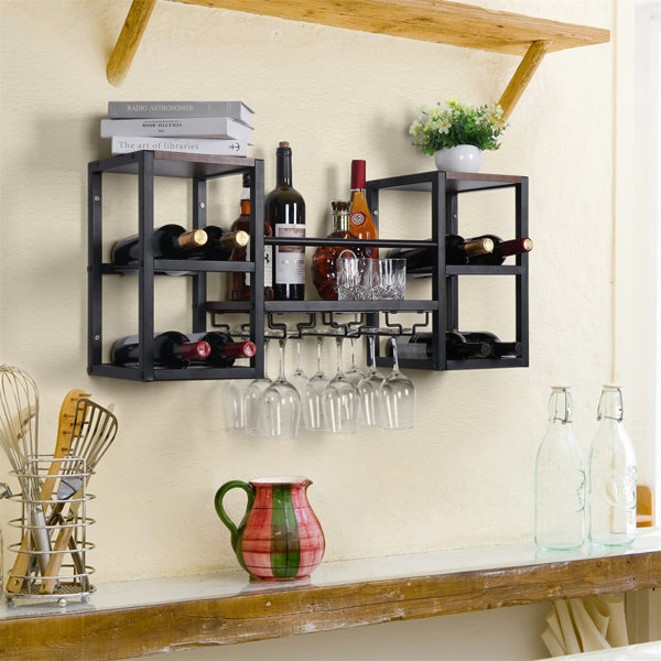 17 Stories Genevre 8 Bottle Wall Mounted Wine Bottle & Glass Rack in ...