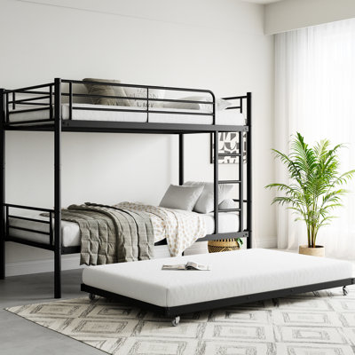 Modern Twin Over Bunk Bed With Trundle, Guardrail, Extra Sleeping Space Metal No Box Spring, First
