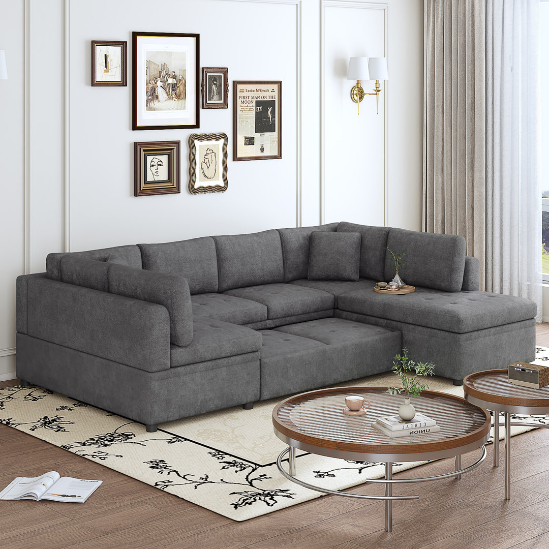 Beige Chenille U-shaped Sectional Sofa Bed With 2 Throw Pillows Hokku Designs 