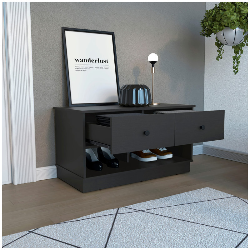 Storage Bench Beji, Lower Shelf, Two Drawers, Finish, Black