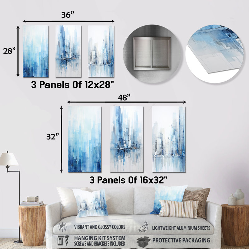 Azure Ascent Skycrapers Harmony - ensemble abstrait d'art mural en métal de 3, H 28 po x l 36 po