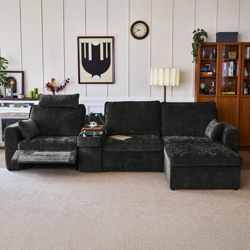 4-seater Chenille Oversized Power Recliner Sofa With Headrest, Modular Cloud Sectional Couch With Convertible Table, Charging, Drawer, Cup Holder, With Storage Ottoman