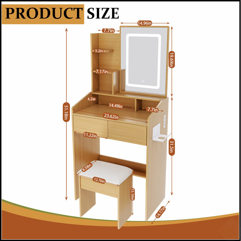 Table de coiffeuse compacte avec miroir lumineux à DEL, prise de courant, support pour sèche-cheveux et tabouret pour les petites chambres