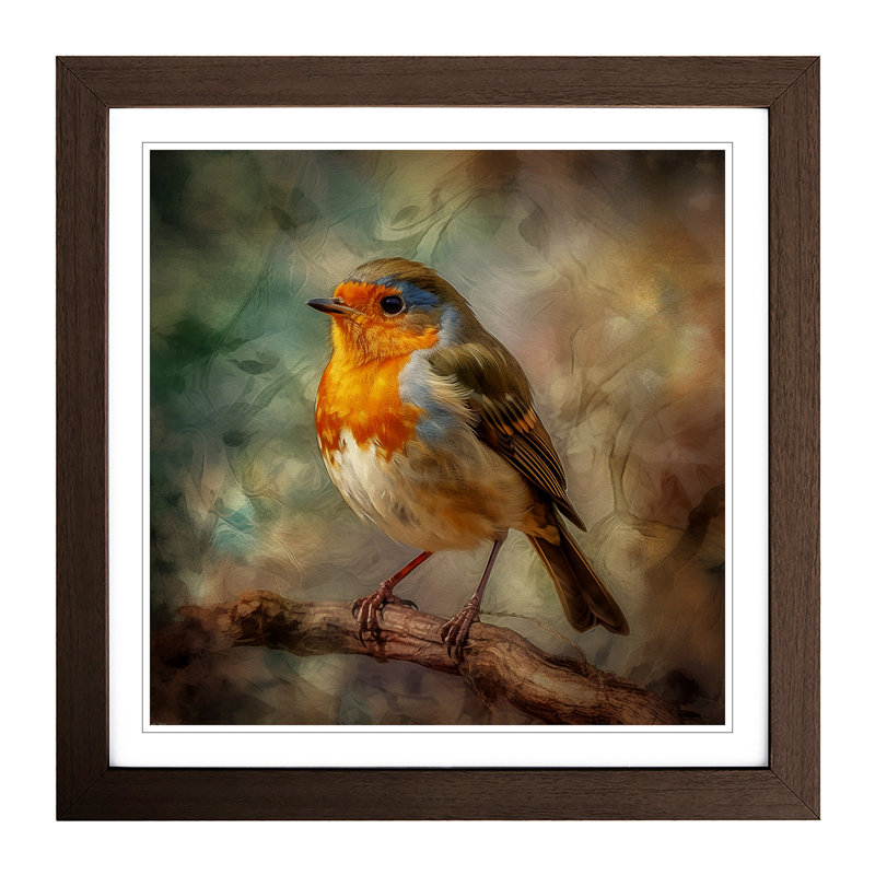 Robin Impressionism - Single Picture Frame Print on Wood, Walnut