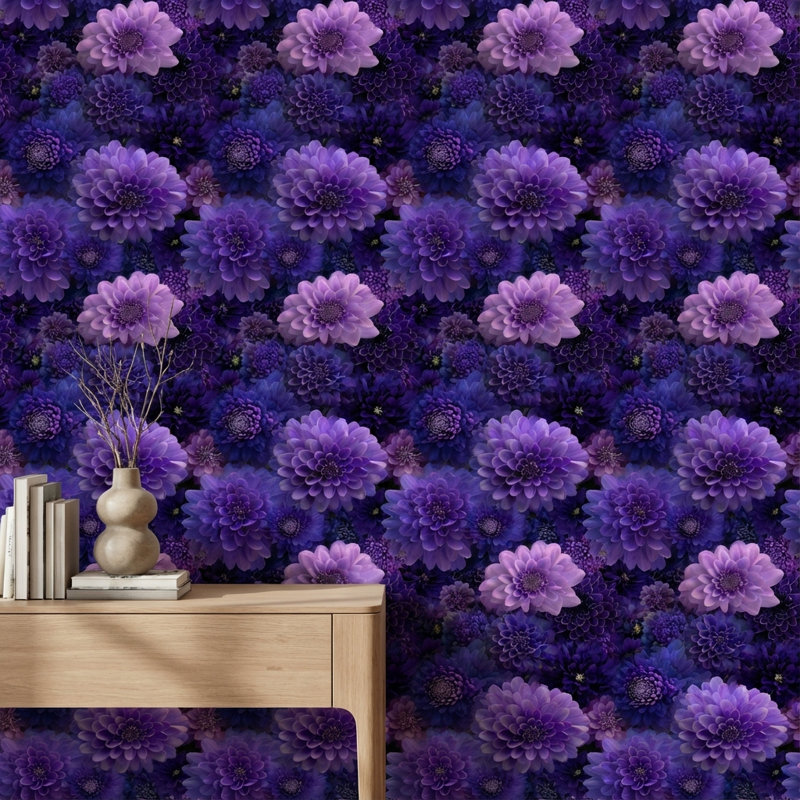 Papier peint floral, peinture murale texturée violette