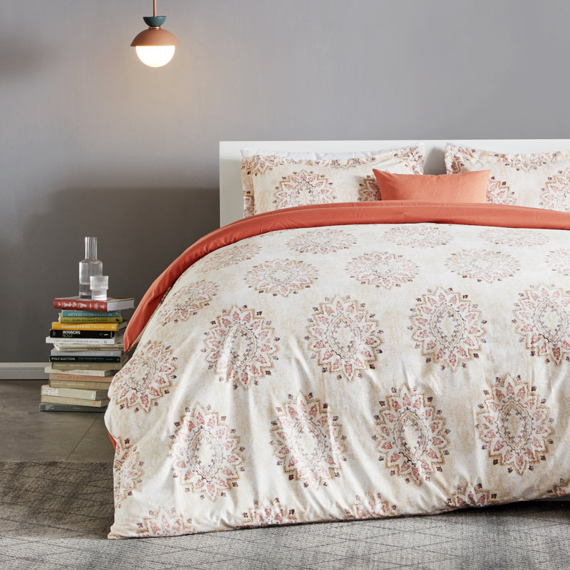 Twill Floral Duvet Cover, King Duvet Cover + 2 Standard Shams, Damask Pattern Orange