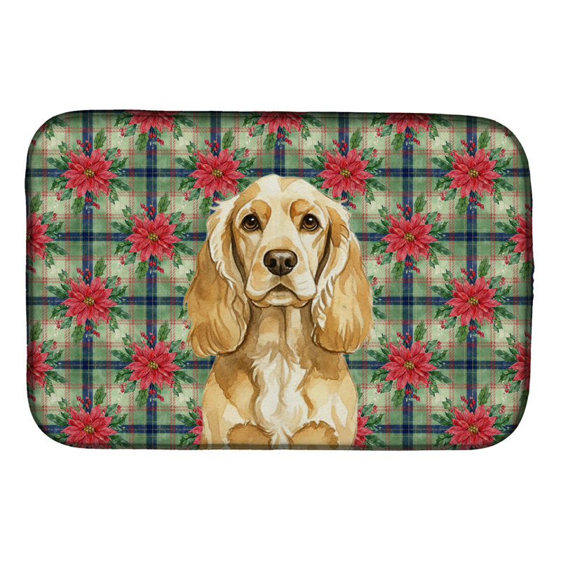 Buff Cocker Spaniel Christmas PoinsettIas Dish Drying Mat, Gold