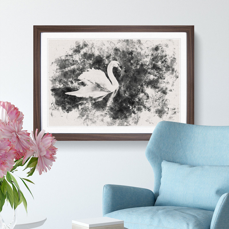 Swan - Picture Frame Graphic Art Print, 33cm H x 45cm W x 2cm D, Walnut Framed