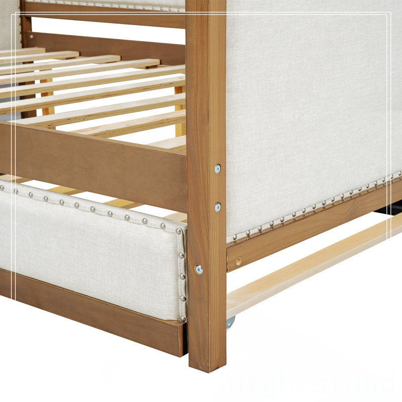 Full Size Upholstered Daybed with Twin Size Trundle and Nailhead,Platform Bed