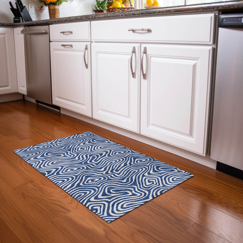 Navy Rectangular Synthetic Washable Rug, 1'8" x 2'6"