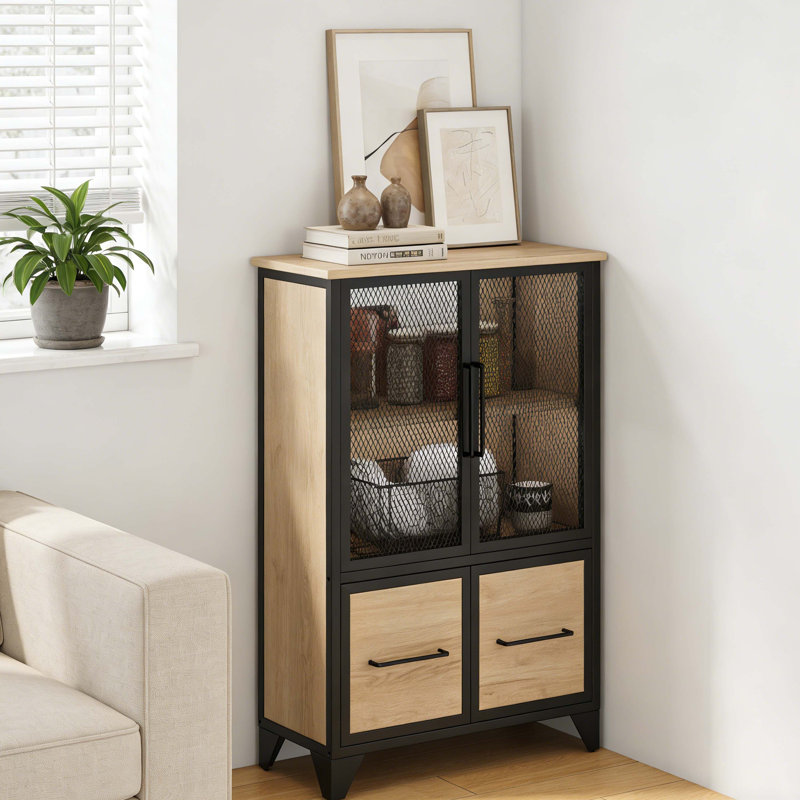 Armoire de rangement noire et naturelle avec 4 portes en filet de fer, des tablettes réglables et une structure en métal robuste, buffet autoportant pour le salon, la cuisine