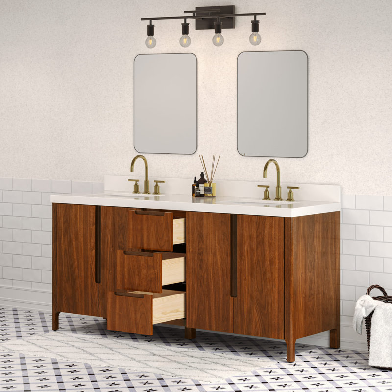 Sequoia 72 In. Double Sink Whitebrook Quartz Countertop Bath Vanity in Mango Wood With Chrome Faucet, Noir Juglans, Gold