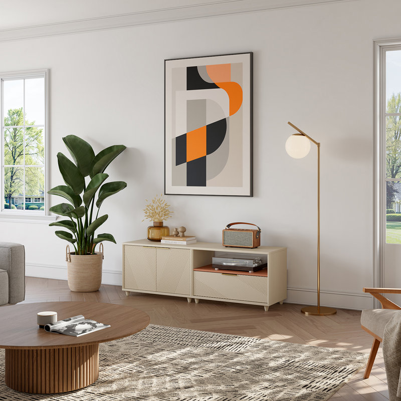 Meuble télé moderne avec rangement, Beige, 19.7" H x 59.1" L x 15.8" W
