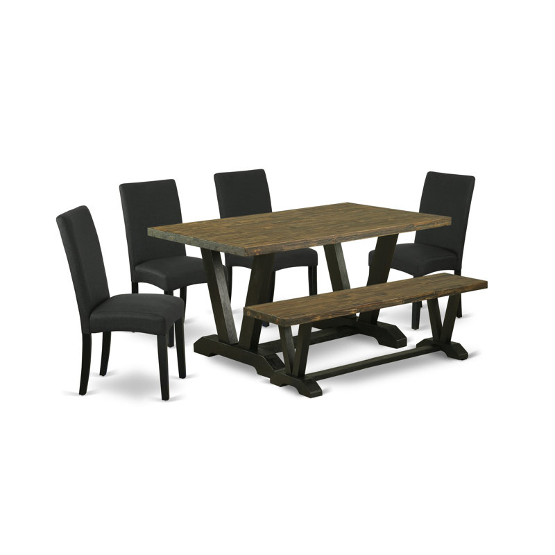 L'ensemble de salle à manger 6 pièces contient une table de salle à manger Jacobean vieillie, un banc en bois et 4 chaises rembourrées en tissu de lin noir avec dossier haut - finition noire brossée