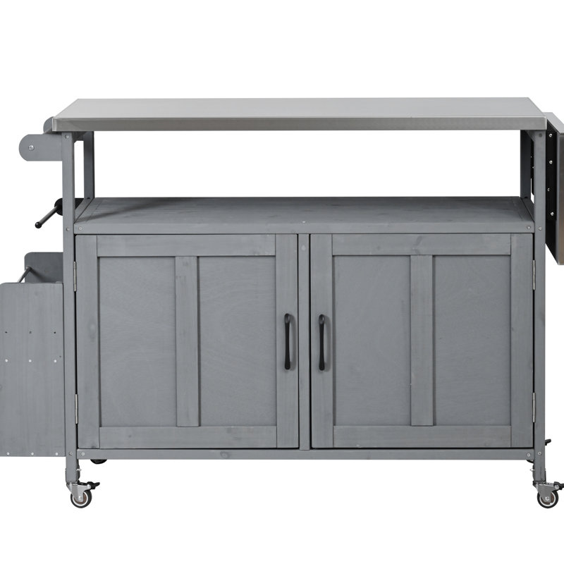 Îlot de cuisine portatif pour l'extérieur, gris, conception pliable, plateau rouille, bois de sapin, étagère réglable et support de cuisine à deux niveaux en acier inoxydable, roulettes verrouillables