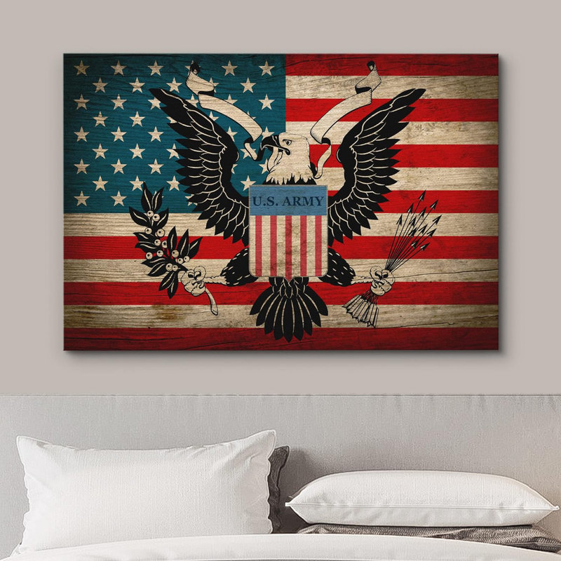 Drapeau américain rétro à grain de bois et emblème d'aigle sur toile, H 24 po x l 36 po x P 1,5 po